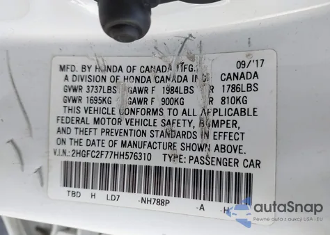 2017 Honda Civic Ex z USA, uszkodzony, nr VIN 2HGFC2F77HH576310